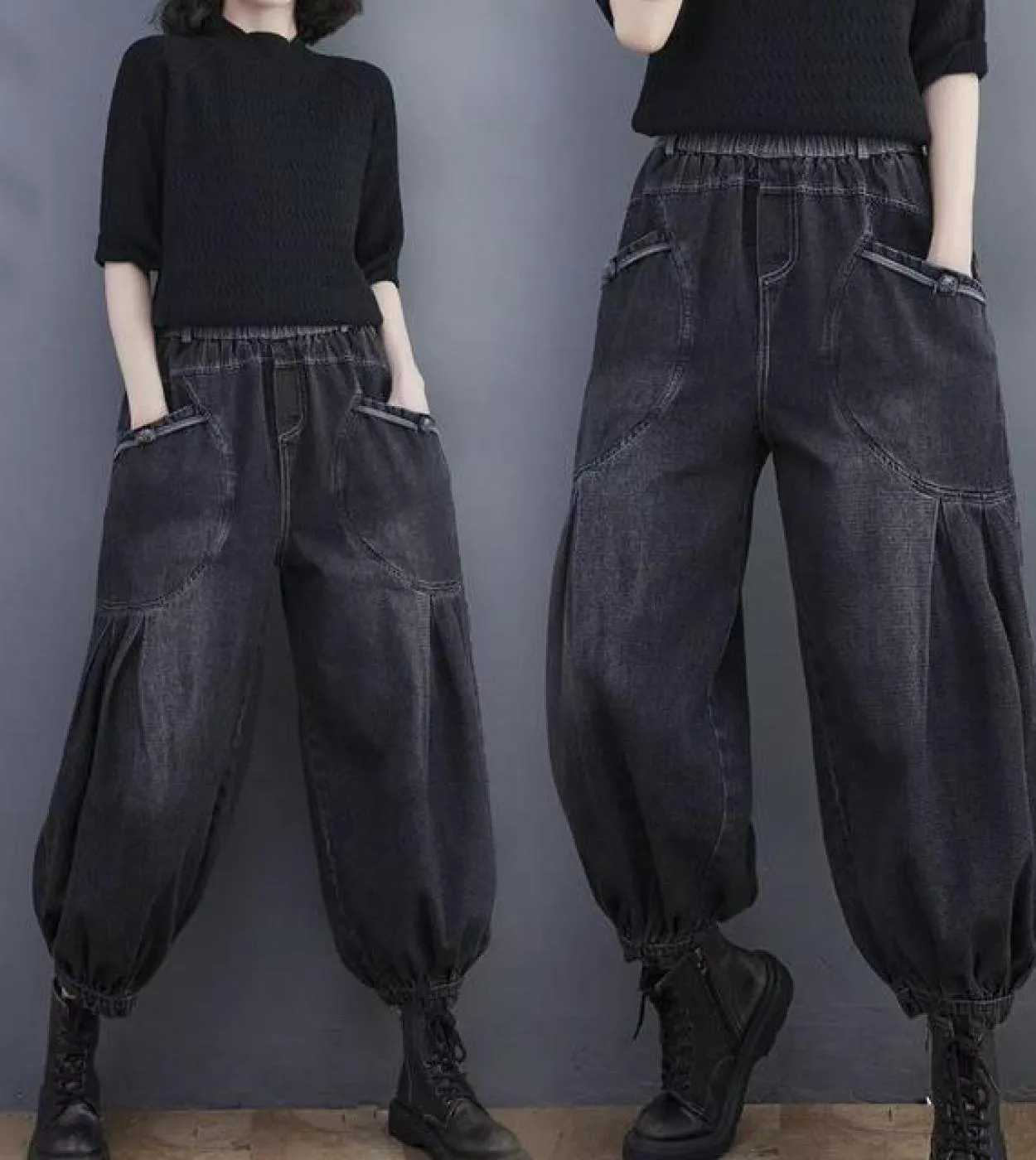 2022 primavera autunno stile artistico donna elastico in vita pantaloni in denim di cotone sciolto alla caviglia doppia tasca vi