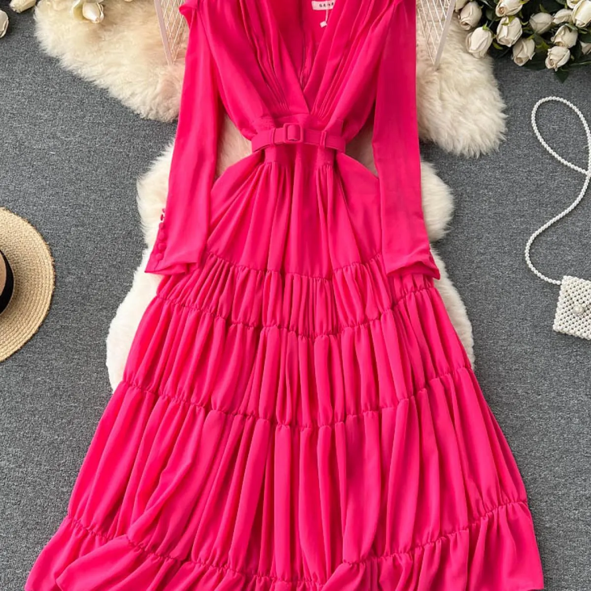 Abito Lungo Plissettato Vintage Rosso Abito Rosso Elegante Plissè Autunno Vintage Rosso
