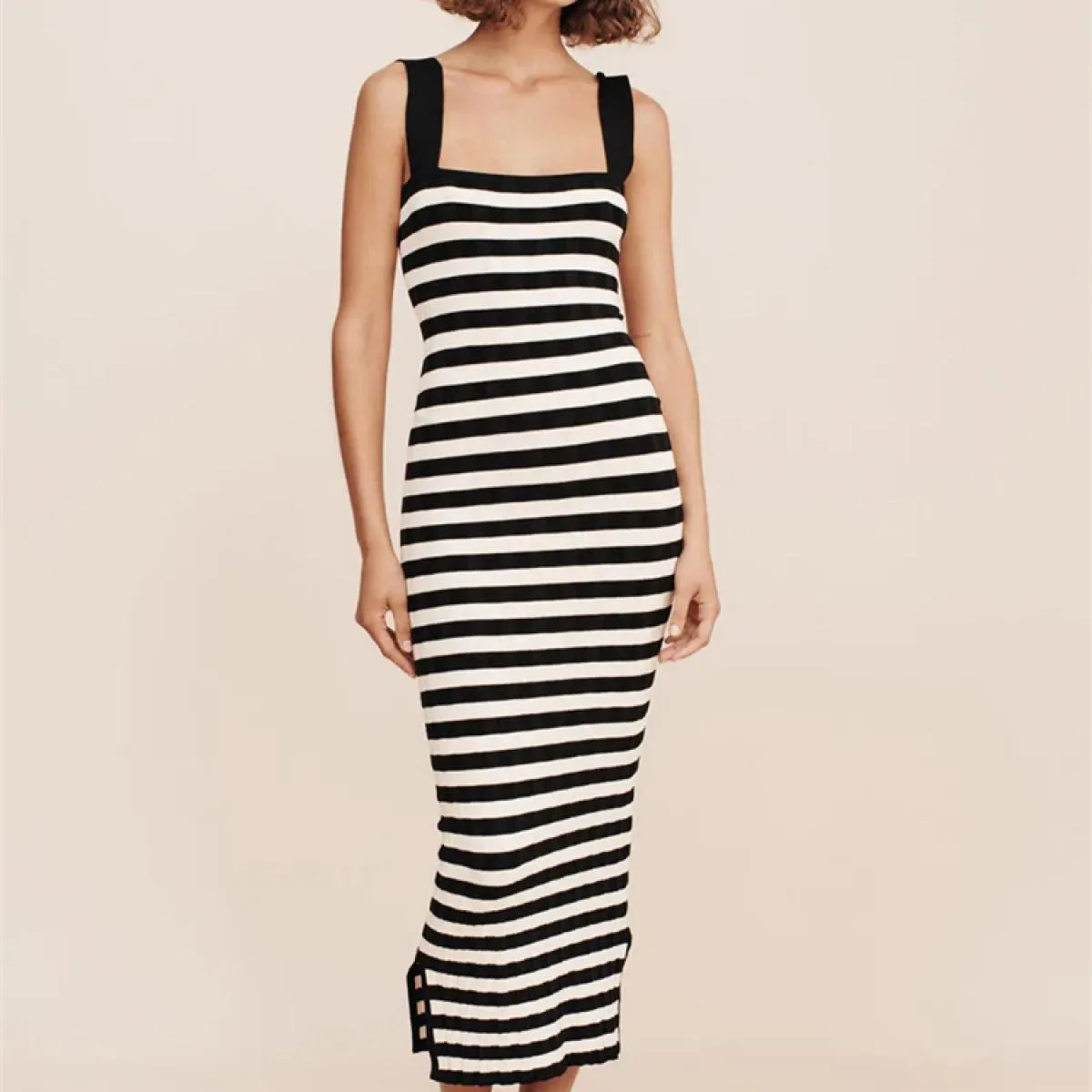 Abito lungo senza schienale a righe a vita alta Donna Contrasto Split Moda sottile con spalle scoperte Autunno 2023 Abito