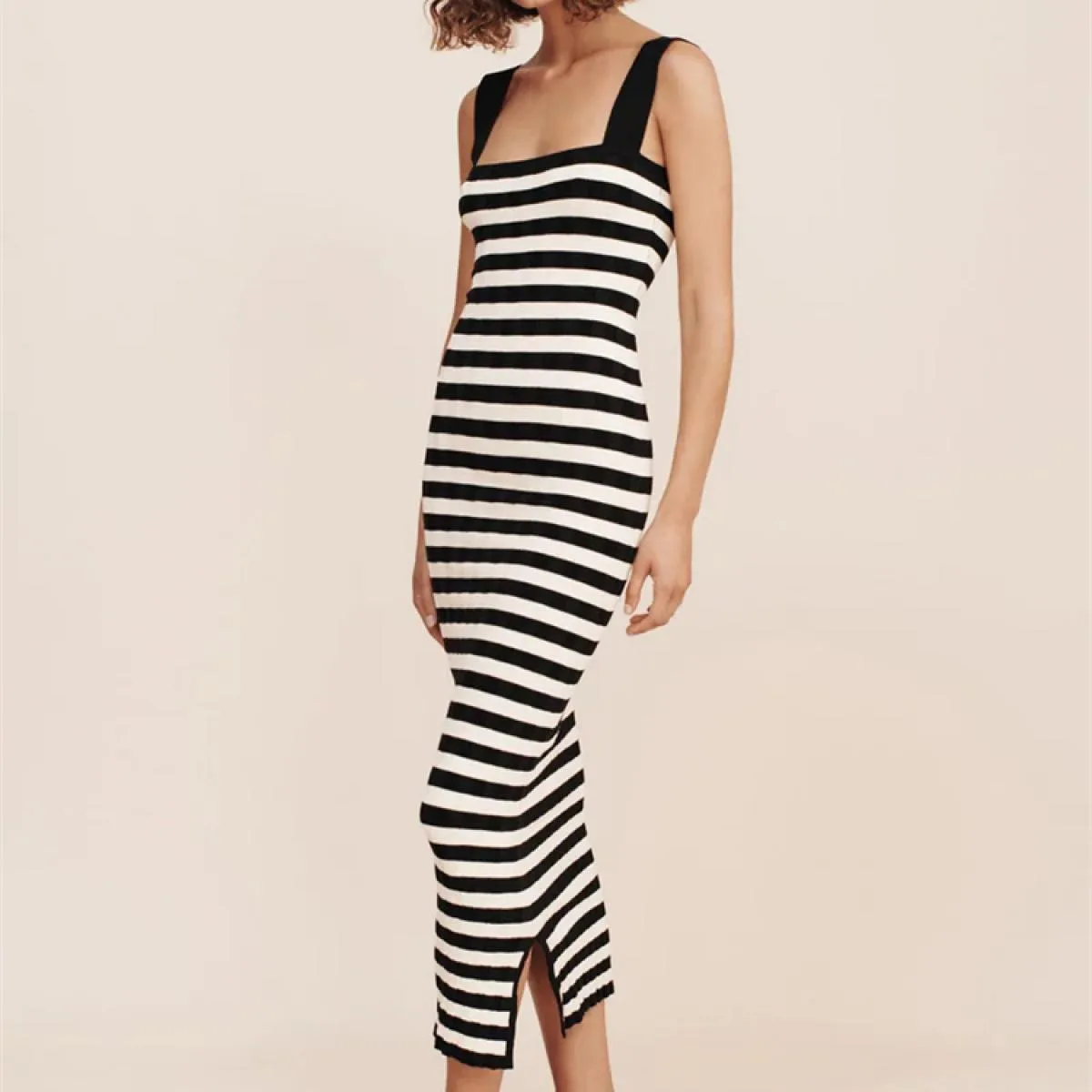 Abito lungo senza schienale a righe a vita alta Donna Contrasto Split Moda sottile con spalle scoperte Autunno 2023 Abito