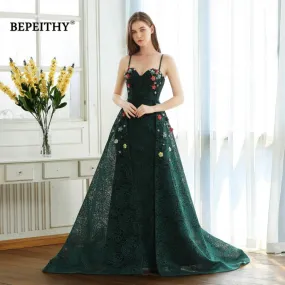 Bepeithy Abiti lunghi da ballo in pizzo verde Spalline con fiori Abiti da festa Elegantes Para Mujer Parte vintage