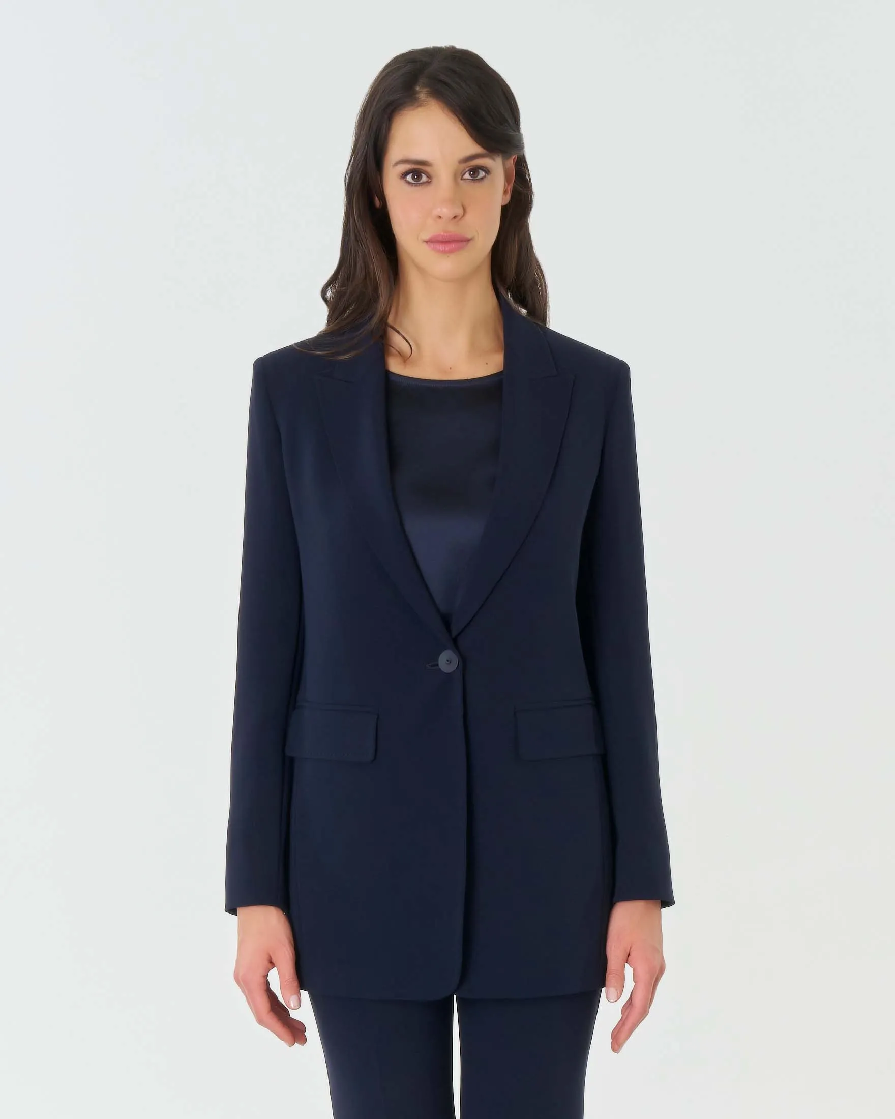 Blazer lungo blu a un bottone in cady con scollo a rever e spacco sul retro