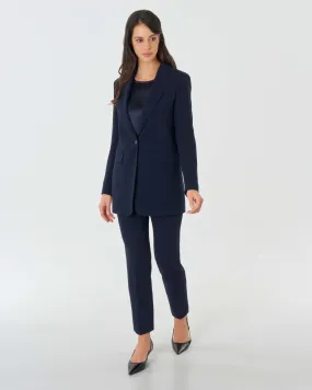 Blazer lungo blu a un bottone in cady con scollo a rever e spacco sul retro