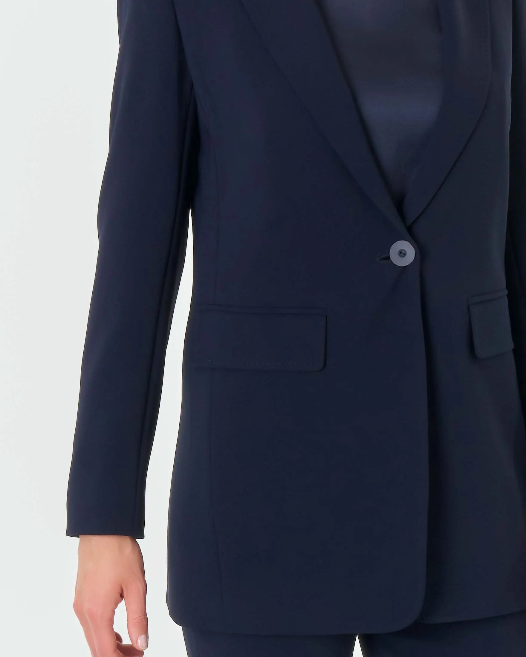 Blazer lungo blu a un bottone in cady con scollo a rever e spacco sul retro