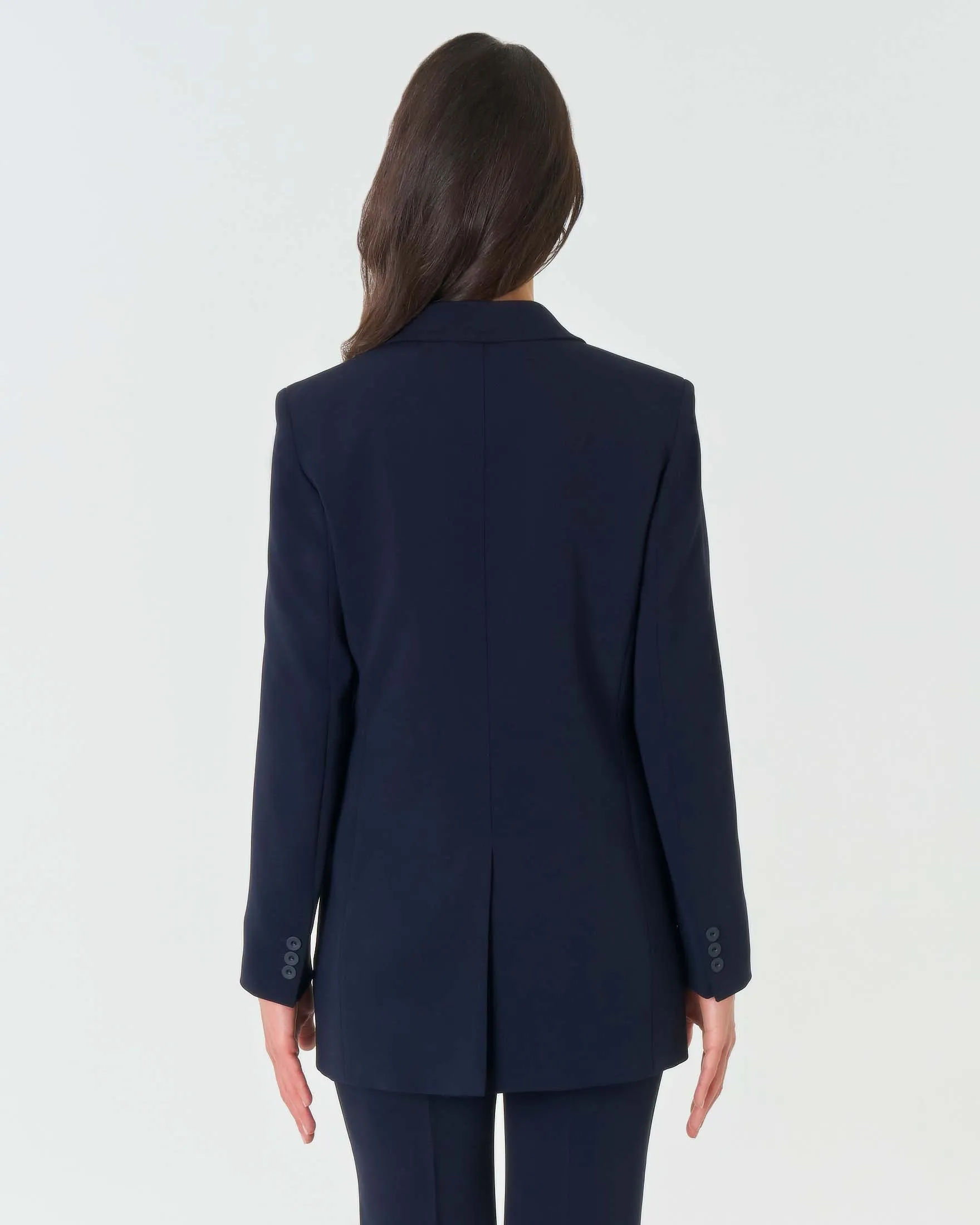 Blazer lungo blu a un bottone in cady con scollo a rever e spacco sul retro