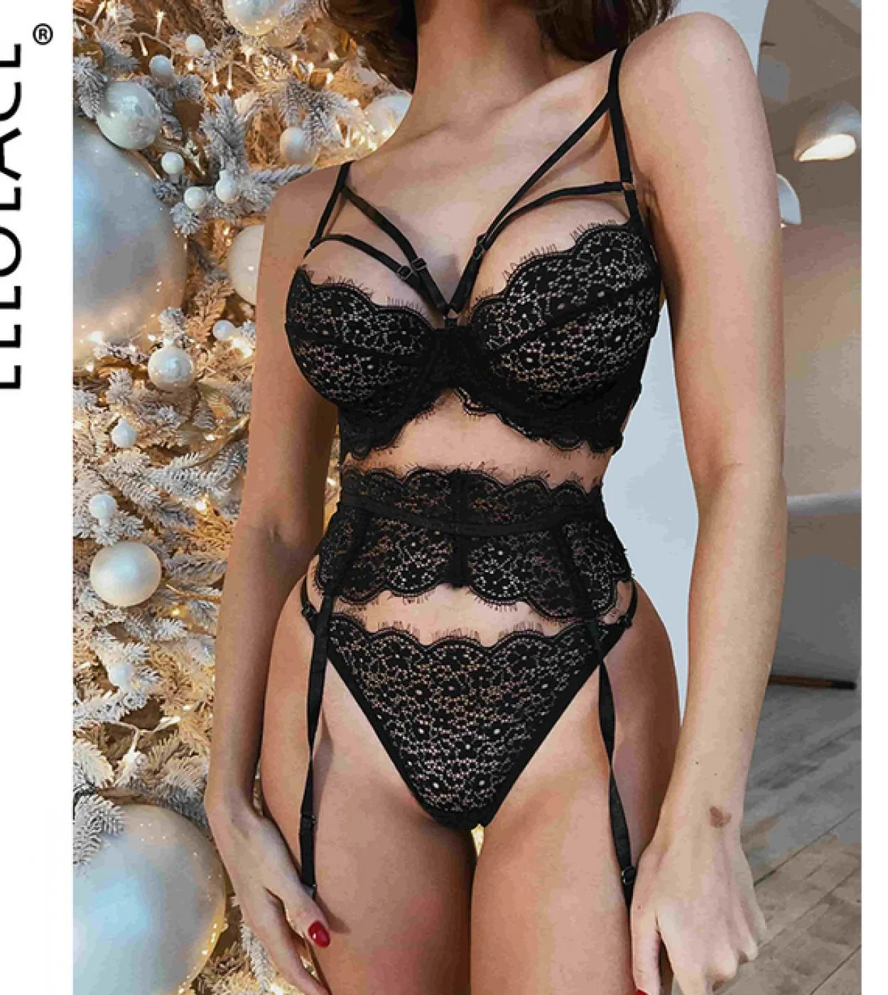 Ellolace Lingerie Intimo Reggiseno Reggicalze Perizoma Fantasia Slip Set Pizzo di lusso Esotico Bellissimo 3 pezzi Reggiseno e s