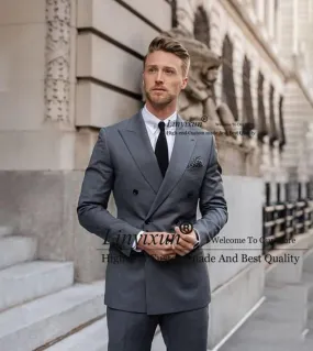 Fashion Grey Mens Suits Double Breasted Business Blazer Slim Fit Wedding Groom Tuxedo 2 Piece Set Jacket Pants Costume H