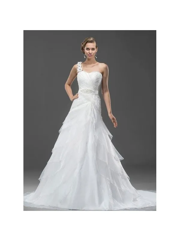 JOCELYN - Abito da Sposa A-line monospalla in Organza con strascico lungo