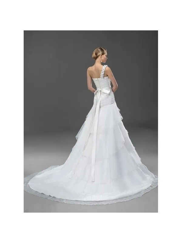 JOCELYN - Abito da Sposa A-line monospalla in Organza con strascico lungo