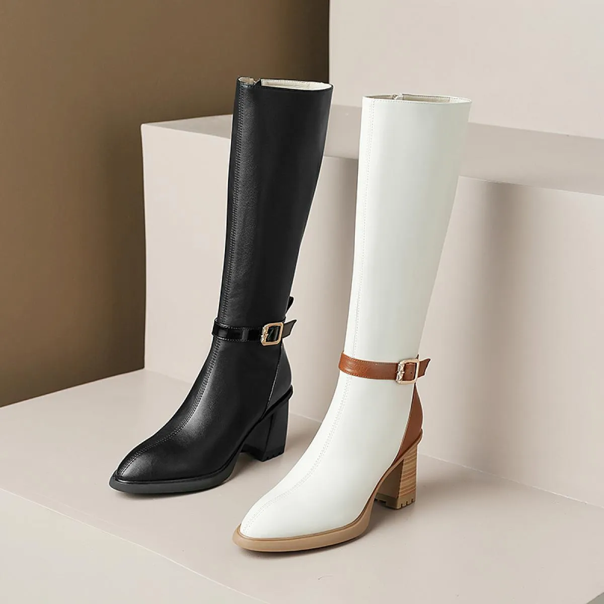 Stivali alti al ginocchio da donna con tacco alto spesso Colori misti Stivali lunghi in vera pelle Autunno Inverno Nuove scarpe