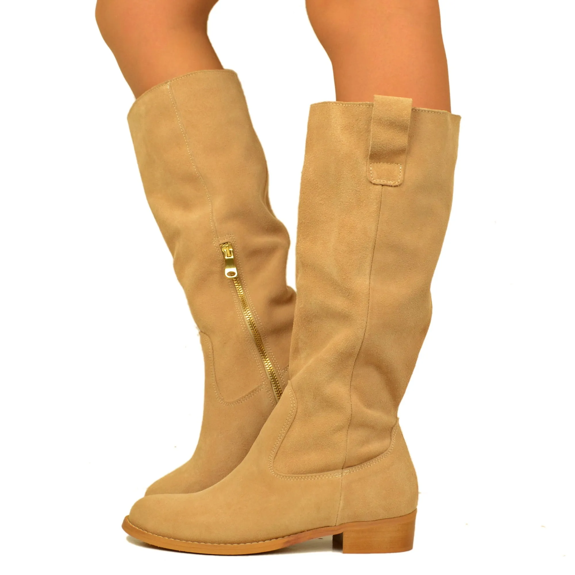 Stivali Donna Alti in Camoscio Beige con Zip Made in Italy