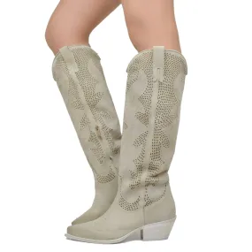 Stivali Texani Traforati in Pelle Scamosciata Beige Made in Italy