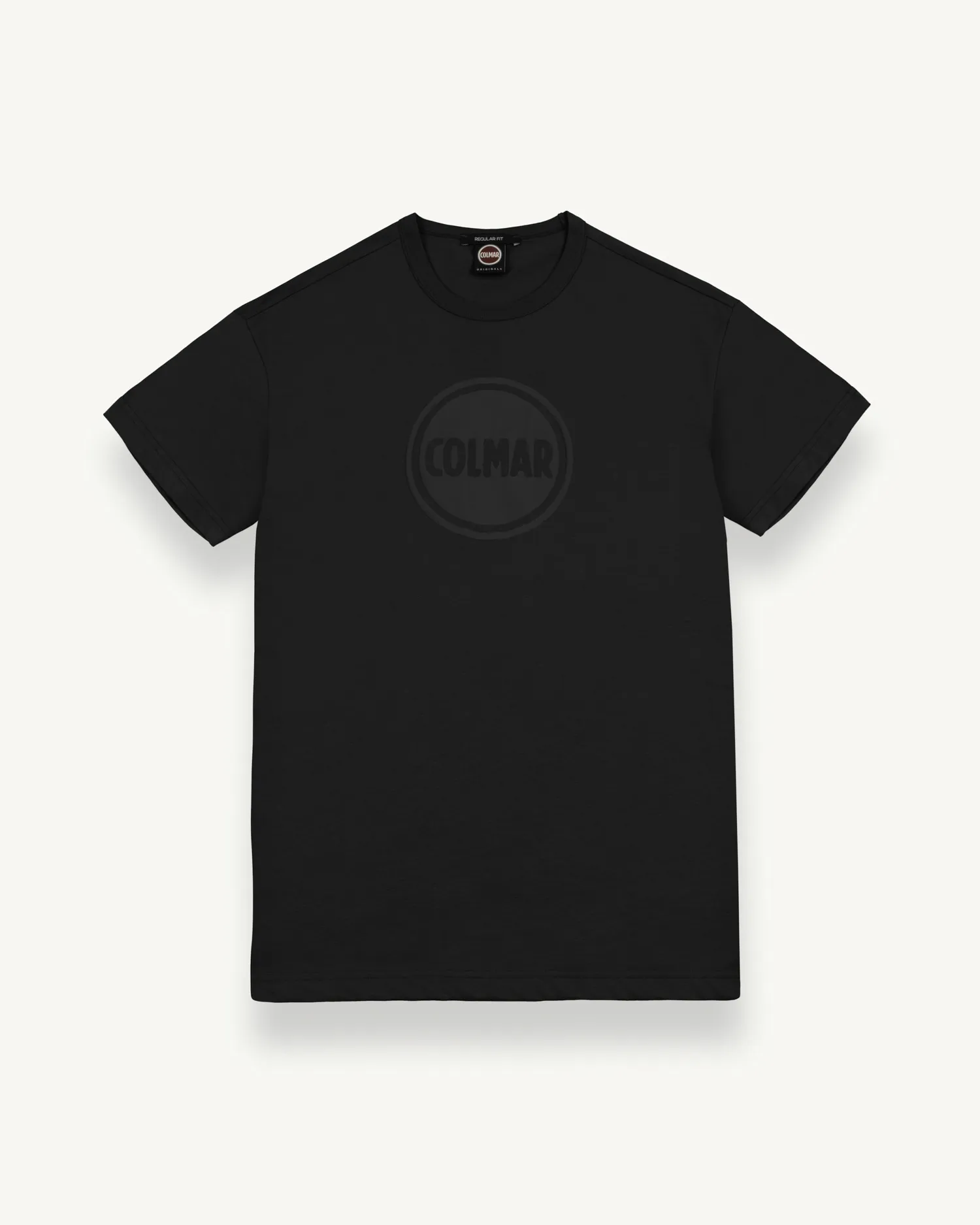 T-shirt nera mezza manica con logo bollo stampato in tono sul petto