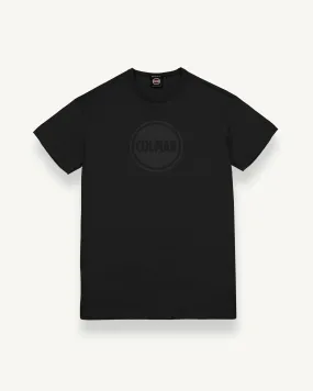 T-shirt nera mezza manica con logo bollo stampato in tono sul petto