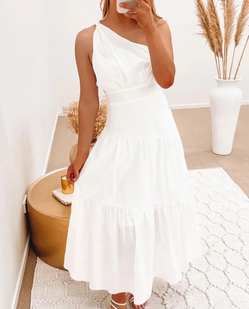 Vestito da festa con una spalla alla moda Vestito lungo da donna solido a vita alta senza schienale increspato Vestito da spiagg